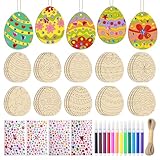 30 Stück Holz Ostereier zum Bemalen, Holzanhänger Ostern Basteln Kinder zum Aufhängen, DIY Bastelset Ostern mit Schnur, Aquarellstift, Diamantaufkleber, Ostergeschenke für Kinder