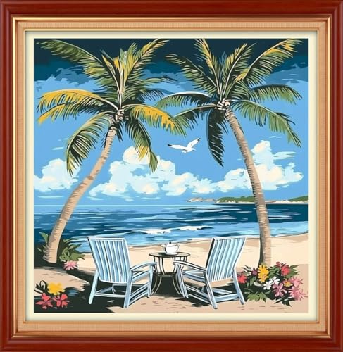 Image of Foxhool Stamped Cross Stitch Kits,11CT Printed Cross Stitch Pattern Full Embroidery Kits for Beginner Needlepoint Kits& Beach Coconut Trees 18x18 inch