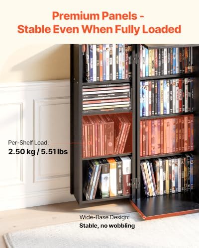 VEVOR Media Storage Cabinet, 4-Tier DVD Shelf Organizer, 24.02 x 14.49 x 33.31 in Multimedia Storage Organizer for CDs, DVDs, Books, Games, CD Shelf for Living Room, Home Office, Recording Room, Black - 4