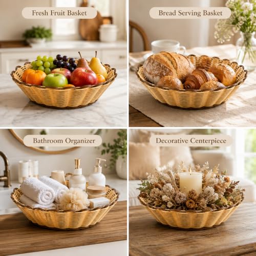 Image of Multi-Use Wicker Serving Basket for Bread, Fruits & Snacks | Round Rattan Style Food Basket | Table Organizer for Home, Restaurants, Cafes & Hotels