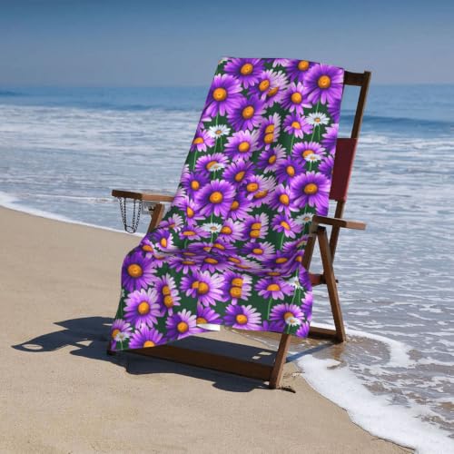 Toalla de playa absorbente de margaritas moradas, ideal para llevar de viaje y natación 8