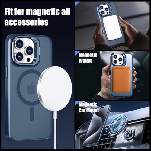 Image of VONZEE Clear Camera Kickstand Case for iPhone 15 Pro, Built-in Adjustable Camera Stand, Clear Magnetic Mag-Safe Shockproof Classic Series Phone Cover (Blue)