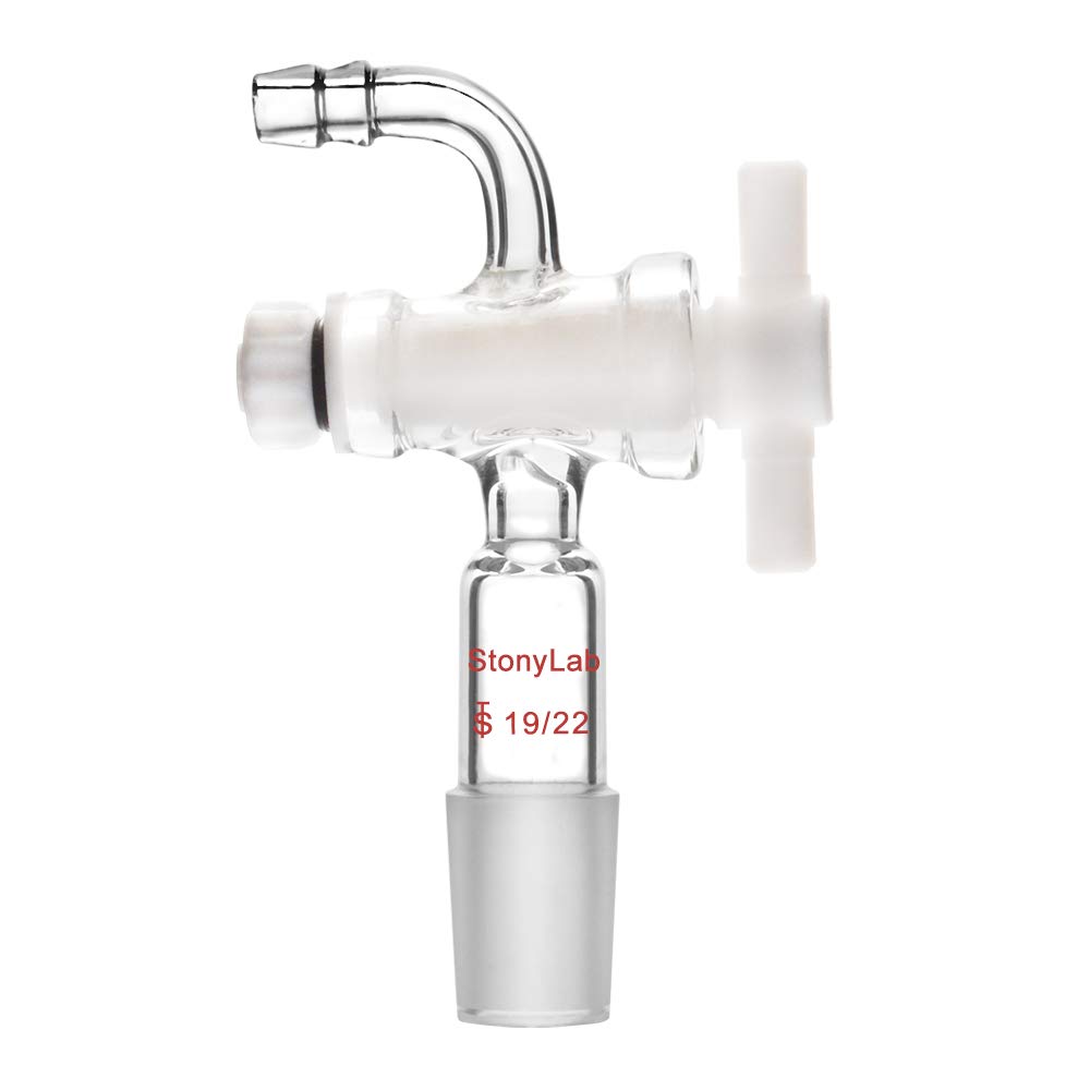 StonyLab Vacuum Flow Control Adapter with PTFE Stopcock, 19/22 Joint and Bent Hose Connection for Lab Supply