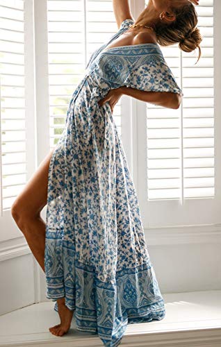 Image of R.Vivimos Women's Summer Short Sleeve Floral Print Bohemian Beach Waist Tie Wrap Long Flowy Dress with Slit