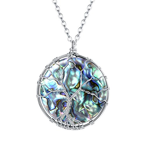 FOCALOOK Circular Abalone Shell Pendant Necklace Stainless Steel Wire Wrapped Abalone Shell Tree of Life Pendant Long Necklace Fashion Statement Boho Costume Summer Jewelry for Women