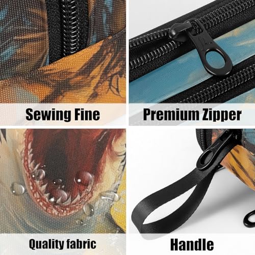 Image of Fustylead Oil Painting Of Open Mouth Shark Jumping Large Pencil Case Portable Stationery Bag Cosmetics Bag with Handle for School Office Travel
