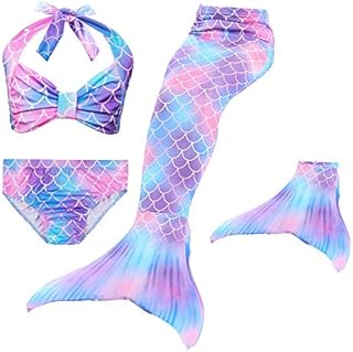 BESTMING Girls Mermaid Tail with Monofin for Swimming, 4pcs Mermaid Swimsuit Bikini Set