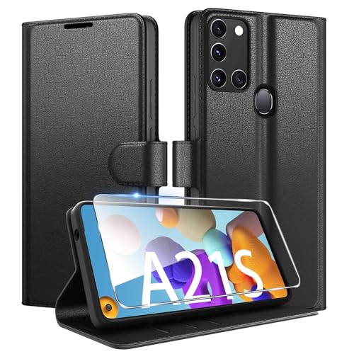 Coiwxmoi für Samsung Galaxy A21S Hülle Mit 1 Stück Panzer Schutz Glas Wallet Premium PU Leder Handyhülle Standfunktion Schutzhülle Kartenfach Stoßfeste Klapphülle Flip Case Cover Schwarz