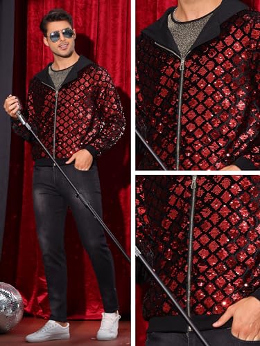 Image of Lars Amadeus Argyle Sequins Jackets for Men's Long Sleeves Metallic Shiny Hooded Disco Jacket