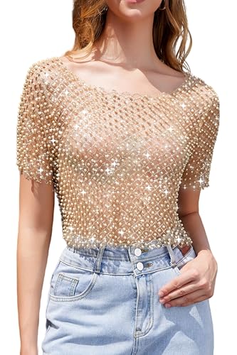 Leovqn Women's Pearl Mesh Sheer Crop Top Sparkly Short Sleeve Glitter See Through Sexy Tee Shirt for Casual Party Club Champagne