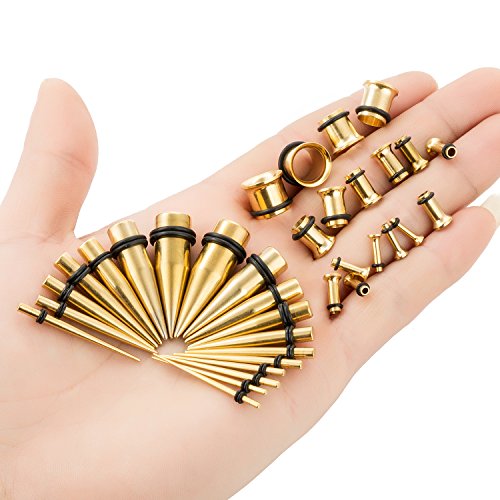 CABBE KALLO 36pcs Ear Stretching Kit Tapers Stainless Steel 14G-00G Plugs and Tunnels Gauges Set Expanders for Women Men Body Piercing Jewelry (Goldtone) - Thumbnail 2
