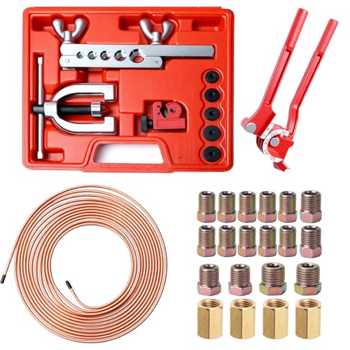 25FT 3/16 The Latest Copper Coated Brake Line Kit with 16 Fittings and 4 Unions Brake Line Fittings+Tube Bender+Double & Single Flaring Tool Kit for Most Hydraulic Braking Systems