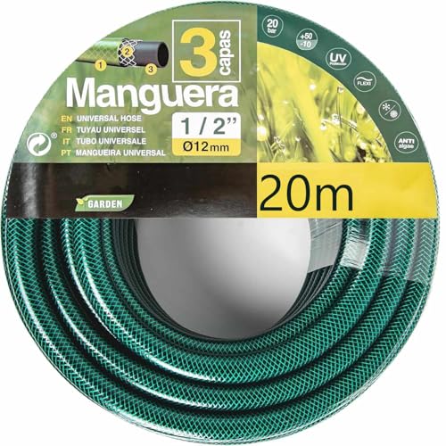 Manguera de jardín, Manguera de agua elástica y flexible, Fabricada en tela cruzada de poliéster, presión de rotura de 20 bar, 3 Capas, Diámetro 1/2" (12 mm), Verde, Longitud de 20 Metros