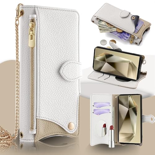 Étui coque Samsung Galaxy S25 Ultra blanc portefeuille zippé avec miroir et chaîne