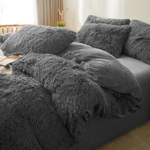 Foppa FAUX FUR BEDDING Fluffy Faux Fur Dark Grey Comforter Cover Set Queen - Ultra Soft Plush Dark Grey Bedding Sets 3 Pieces (1 Fluffy Duvet Cover + 2 Faux Fur Pillow Case) Cute Dark Grey Bed Set (Dark Grey thumb #2