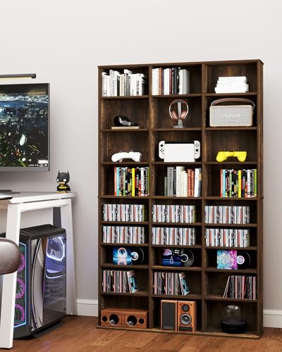 DVD-Storage-Tower-with-Adjustable-Shelves-9-Tier-DVD-Rack-Tower-for-CDs-DVDs-Blu-Rays-Video-Games-Rustic-Brown-Multimedia-Storage-Cabinet-Media-Shelf-Organizer-for-Living-Room