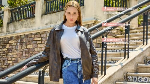 Women's Plus Oversized Faux Leather Bomber Jacket, Street Style Casual Zip Up Coat - Size Runs Larger4
