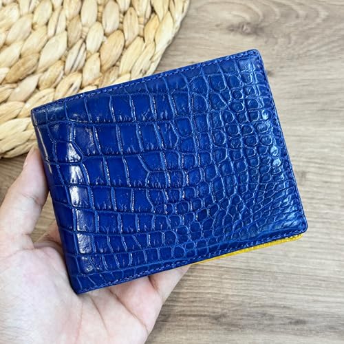 Image of HATA Blue Yellow Bifold Leather Wallet for Men, Exotic Double-Sided Leather Wallet with RFID Blocking, Slim Credit Card Holder, Handmade Gift for Birthday, Anniversary, Father's Day HDV774