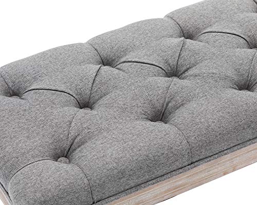 Kmax Upholstered Entryway Bench, Rustic Ottoman Bench With Carved Pattern & Rustic White Brushed Rubber Wood Legs, Gray #TOP4