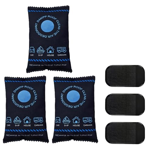 KIKAWORD 3 Pcs Car Dehumidifier Bag,Car Dehumidifier Bag Reusable Moisture and Damp Absorber for Windscreens and Interior,with 3 Pcs Dashboard Anti-Slip Mat（ 200g/Pack）