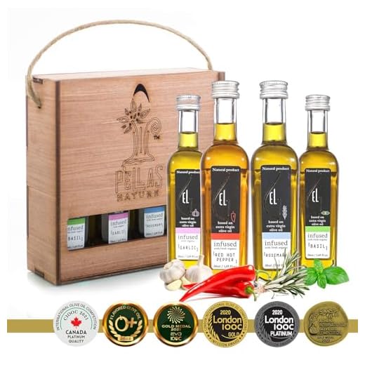 Pellas Nature, Organic Herbs Infused Greek Extra Virgin Olive Oil Set, Finishing Oil Flavors Basil Garlic, Red Pepper, Rosemary, Wooden Combo Gift Set, 4 X 1.7 oz Bottles, Pack of 4