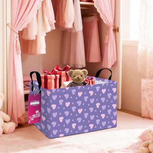 Image of Rectangular Purple hearts Storage Basket | Fabric Organizer Bin for Books,Clothes,Gifts,Pets-Perfect for Home,Office,Nursery,Shelf(Rec-Purple heart )