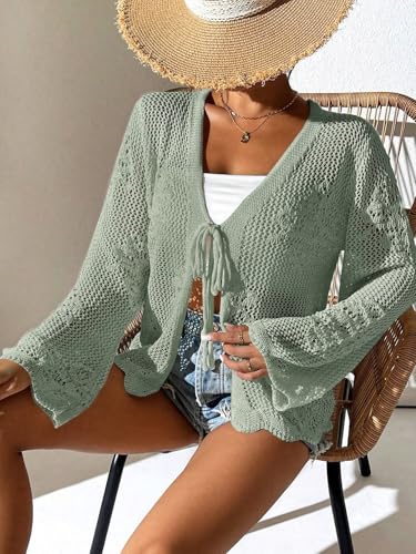 Urchics Womens Casual Cardigan Summer Beach Long Sleeve Hollow Out Tie-Front Crochet Cardigan4
