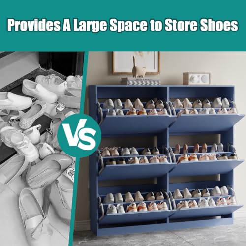 Image of Xixini Shoe Storage Cabinet for Entryway with 6 Flip Drawers, Sturdy Wood Hidden Shoe Storage, Freestanding Narrow Slim Shoe Organizer for Front Door Entrance, Living Room, Hallway, Bedroom, Blue
