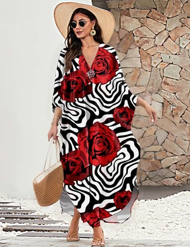 Image of MAKABO Kaftan Dresses for Women, V Neck Moo Moos Colorful Print Cover Ups Caftan Beach Dresses for Swimwear