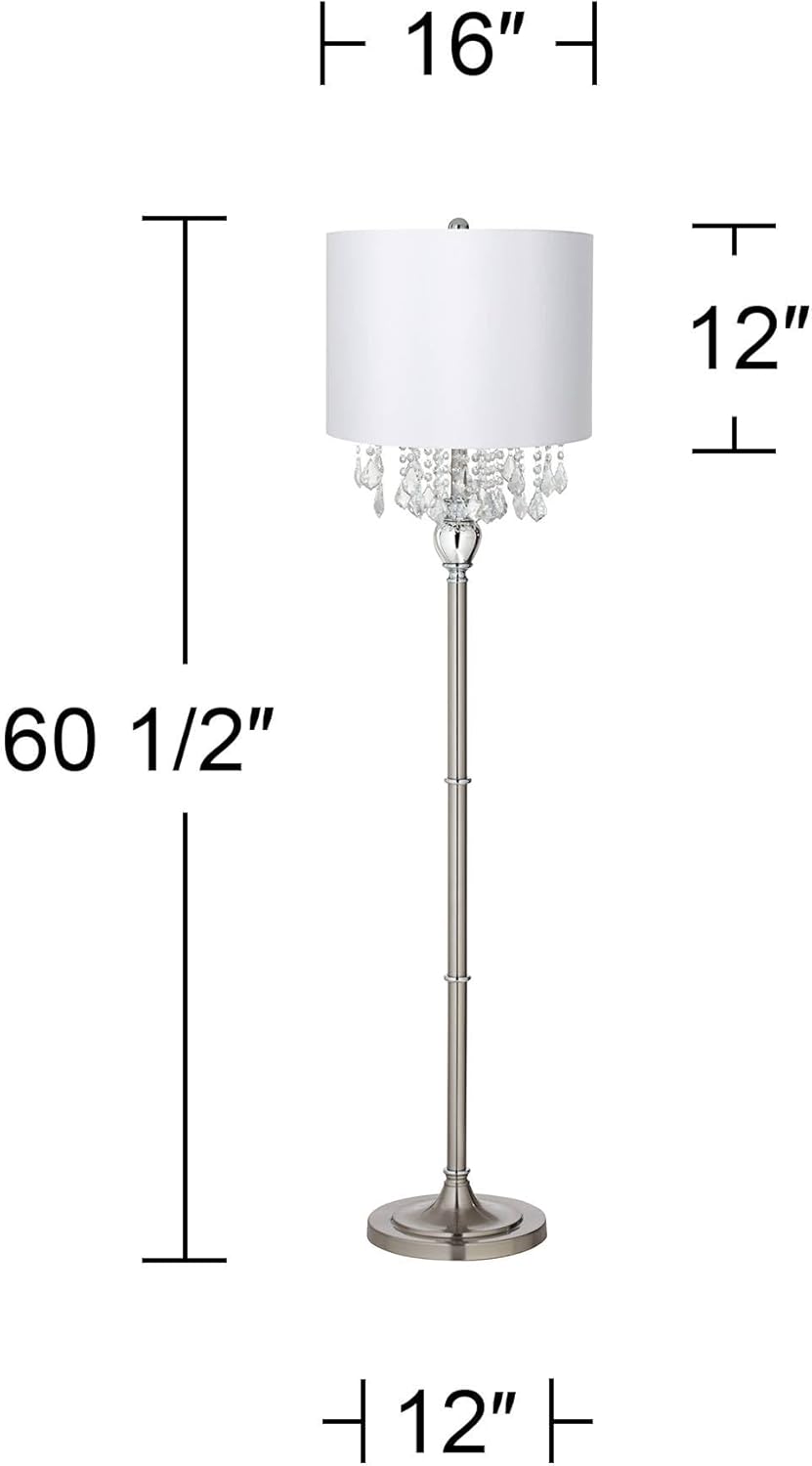 360 Lighting Crystals Traditional Glam Luxury 60 1/2" Tall Standing Floor Lamp Foot Switch Silver Metal Satin Steel Finish Living Room Bedroom House Reading Office Home Decor White Drum Shade