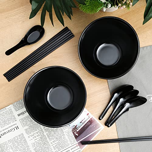 Owl Endeavors Ramen Bowl Set Of 4, 30 Oz Japanese Style Melamine Large Ramen Bowl With Chopsticks, Ramen Pho Bowls, Ramen Noodle Bowls With Chopsticks And Spoons Black Asian Bowl #TOP3
