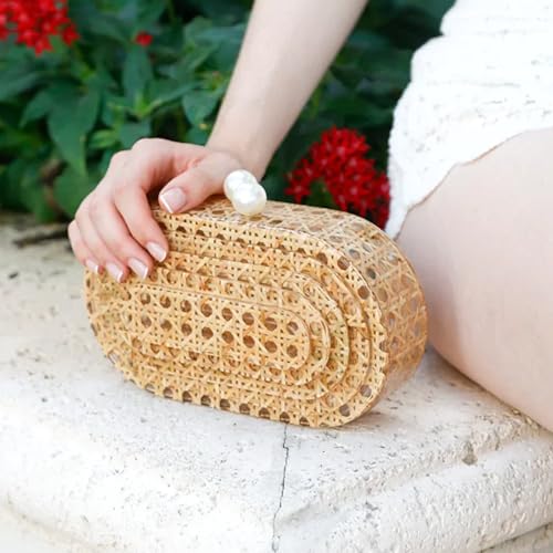 Image of Women Acrylic Rattan Clutch Purse Rattan Woven Evening Bag Wedding Party Purse Summer Beach Wicker Shoulder Handbag
