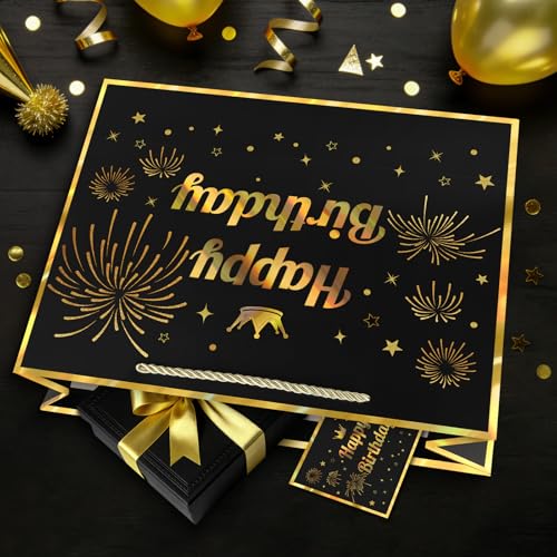 Image of JMANNI Black Gold Happy Birthday Gift Bag with Card and Tissue Paper, 12.6 inchx9.84 inchx3.9 inch Elegant Present Bag for Men Women, Year Old Birthday Keepsake Party Supplies