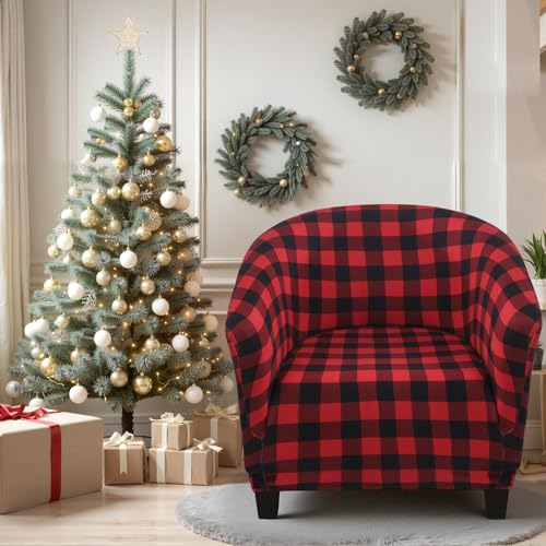 Image of SearchI Christmas Club Chair Slipcover Stretch Barrel Chair Covers Xmas Tub Chair Slipcovers Spandex Armchair Cover Removable Couch Furniture Protector Arm Chair Cover for Living Room(Black /Red Plaid)