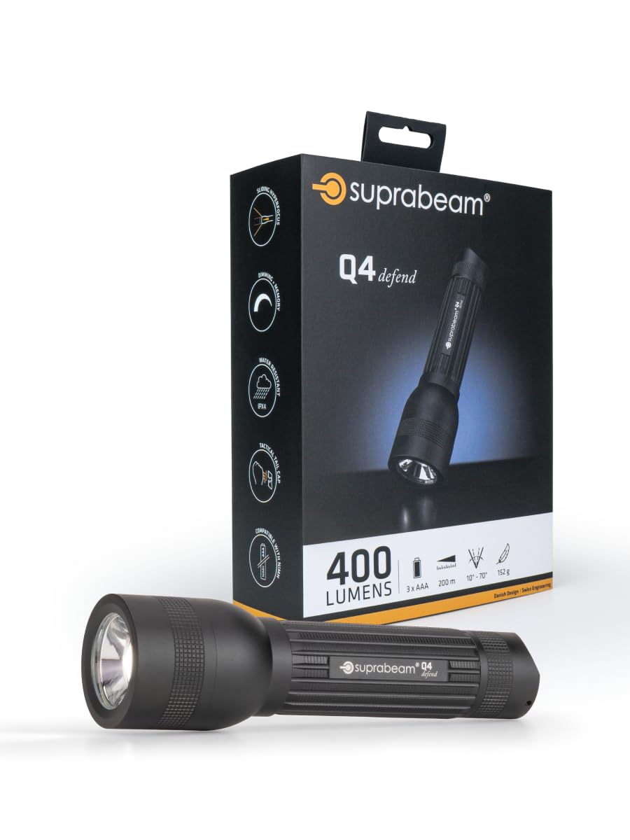 Suprabeam Q4defend - Linterna LED táctica de 400 lúmenes, protección IPx4, aluminio de alta resistencia