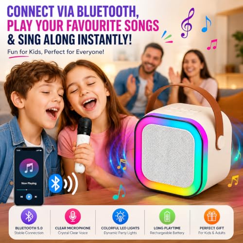 Image of Rechargeable Karaoke Mic with Speaker for Singing | Wireless Mini Portable Bluetooth Speaker with Microphone & LED Lights | Birthday Gift for Kids, Musical Toys for Boys & Girls
