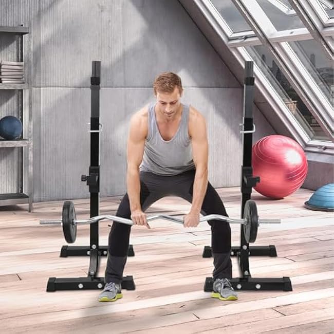 Adjustable Squat Rack Stand Barbell Bench Press Stands Rack Push Up 40-66 Multi-Functional Sturdy Steel for Home Gym Max Load 550 lbs Portable Dumbbell Racks Stands, Black