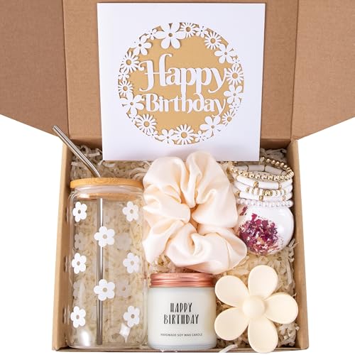 Image of JTEWB Birthday Gifts For Women, Teen Girl, Her, Happy Birthday Gift Box For Girl, Women, Sister, Daughter, Friends, Cute Daisy Aesthetic Glass Cups Gift Set 7pcs