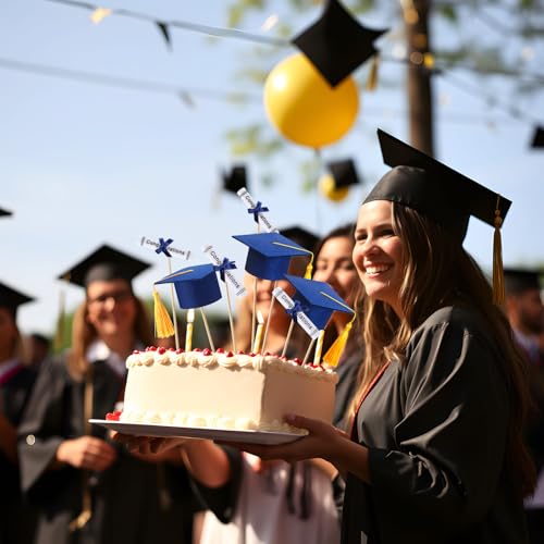 Image of Breling 24 Pcs Blue and Gold Graduation Centerpiece Sticks Felt Graduation Scroll Diploma and Grad Cap with Tassel Decor 2026 Table Toppers Centerpiece Party Supplies for Grad Party Decorations