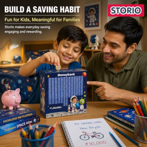 Image of Storio Astronaut Space Rs 100000 Savings Wooden Piggy Bank with Counter for Kids & Adults, Money Saving Box, Wooden Coin Bank with Number Counter, Cash Savings Bank, Coin Collection Box