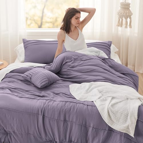 Image of Bedsure Queen Comforter Set - 4 Pieces Pinch Pleat Bed Set, Purple Boho Bedding for All Season, 1 Soft Comforter, 2 Pillowcases, 1 Decorative Pillow