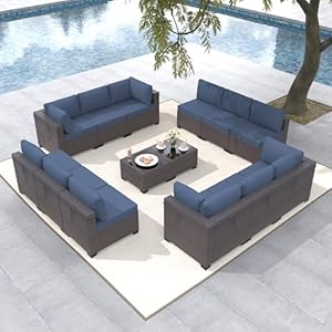 Gotland 14-Piece Outdoor Patio Furniture Set – All-Weather PE Rattan Sectional Wicker Conversation Set with 12 Replaceable Navy Waterproof Cushions and 2 Coffee Tables