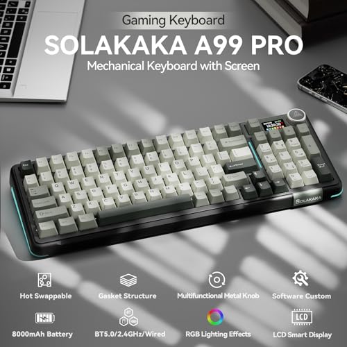 Image of SOLAKAKA A99 Pro Wireless Mechanical Keyboard with LCD Screen & Metal Knob, 2.4GHz /BT5.0 /USB-C, RGB Backlit Gaming Keyboard, Hot Swappable, Creamy Keyboard with Gasket Structure, for Win /Mac