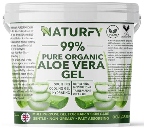 NATURFY Pure Aloe Vera Gel Made From Freshly Cut Aloe for Face, Hair & Body Suitable For All Skin & Hair Types Organic Soothing Moisturiser For After Sun Care Acne Vegan & Cruelty-Free 1kg