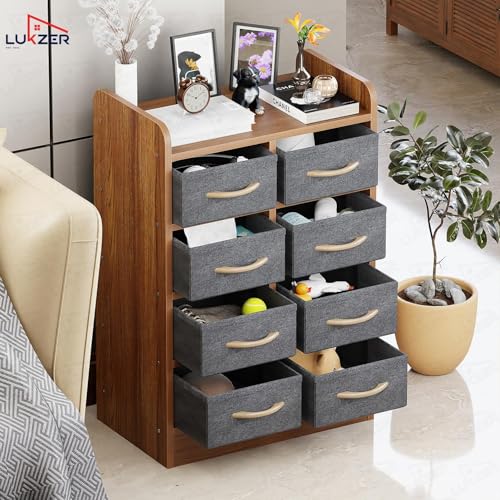 Image of Lukzer 8 Drawer Multipurpose Organizer with Fabric Storage Shelves - Engineered Wood & Fabric Storage Chest | Sturdy Wooden Frame | Elegant Dresser for Bedroom, Closet & Living Room (MR-028 /Oak Brown)