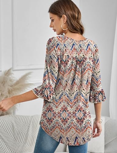 Women's 3/4 Bell Sleeve Ruffle V Neck Tops Casual Summer Knit Shirts4