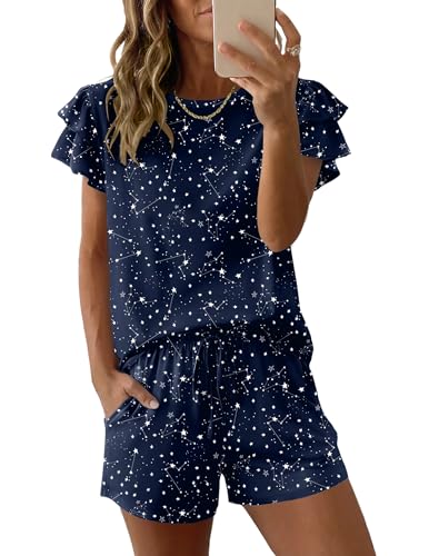 Image of Ekouaer Womens Pajama Sets 2 Piece Ruffle Sleeves Top and Shorts Pjs