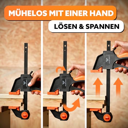 HELDENKRAFT® Einhandzwinge [2 Stück] - Zwingen Set mit hochwertigen Klemmen zum Spannen [bis 300mm] & Spreizen [155-500mm] - ergonomische Klemmzwingen mit einer Spannkraft bis 70 kg