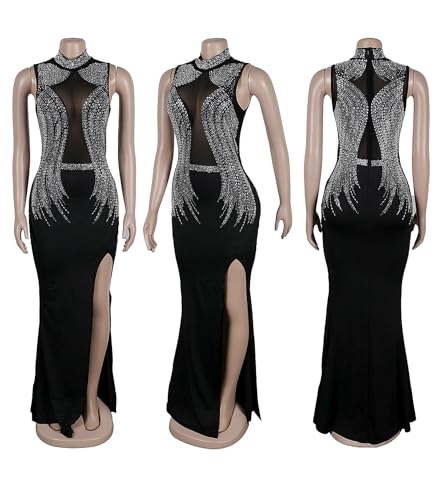 Image of Nagfar Women Rhinestone Sexy Dress with Slit & Sheer Mesh Club Dresses Brithday Party Evening Gown Night Outfits(SK3127-Black-S)