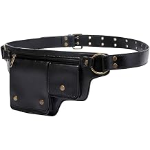 Leather Utility Belt Bag with Multiple Pockets, Adjustable Waist Pack, 33.5 inch Max Length, Brass Hardware, Medieval Renaissance Style black